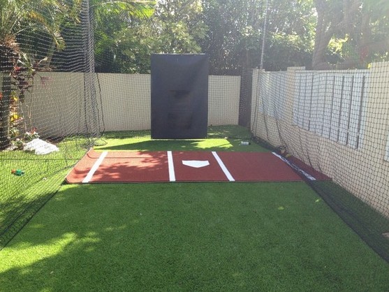 residential batting cage with synthetic grass