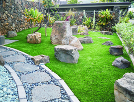 rock garden lawn with fake grass